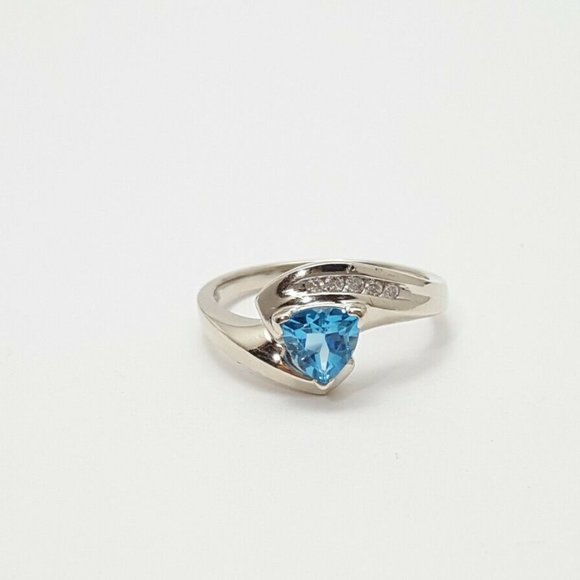 Elegant 10K Karat Solid White Gold Blue Topaz & Diamond Ring - Size 7 - Nice! - Picture 8 of 11